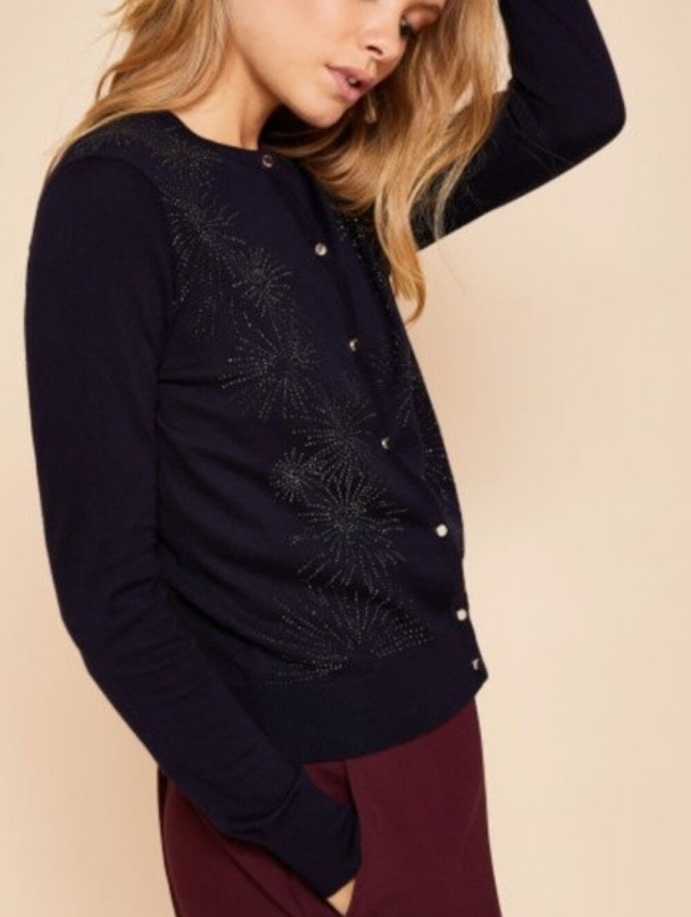 NWOT Ted Baker Navy Embellished Button-Front Cardigan In Size 0 Cashmere Blend